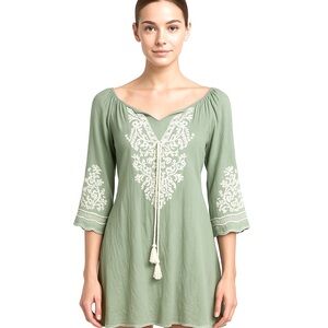 C|C Chic Connection Sage, green BoHo embroidered 3/4‎  length sleeve dress Sz S